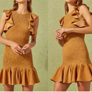 C/MEO Collective Expired Mini Dress Smocked Dress Ruffles Gold Size Large US 8
